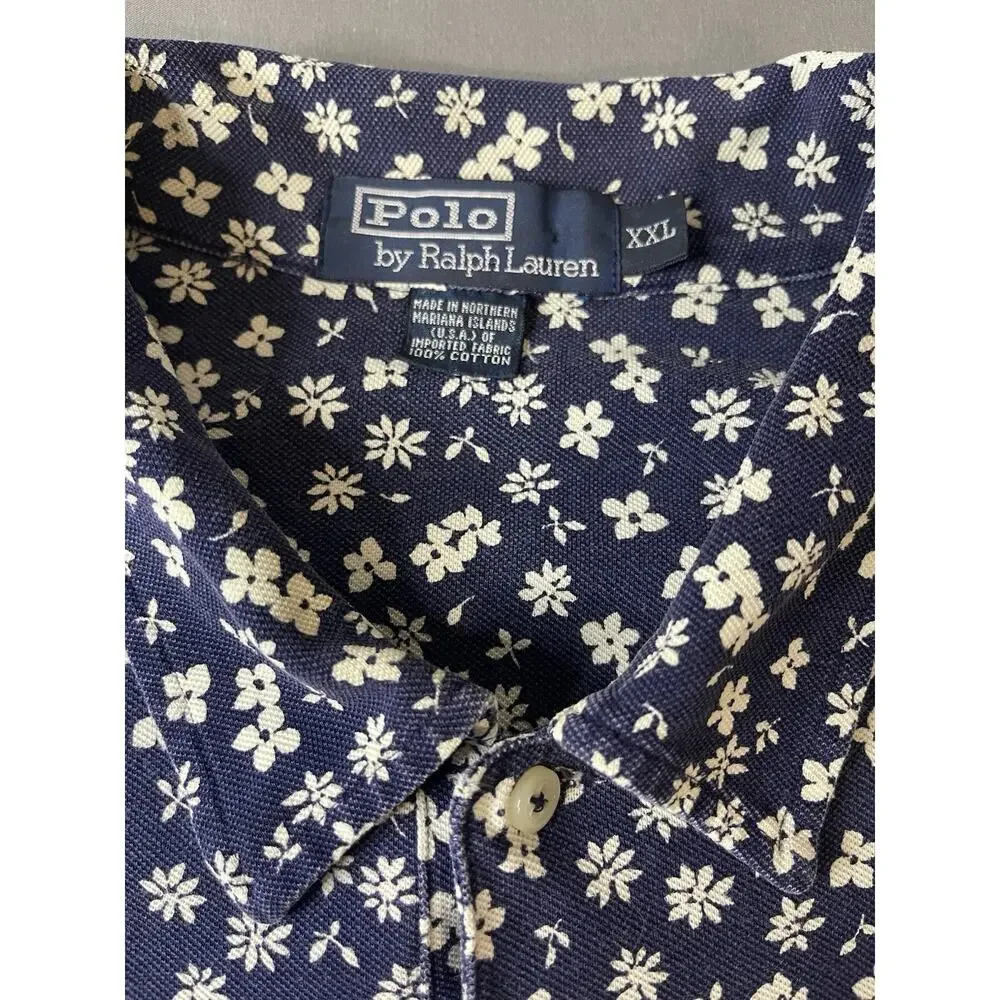 Vintage 90s Polo Ralph Lauren XXL Navy Floral Polo Shirt Made in USA Terr.